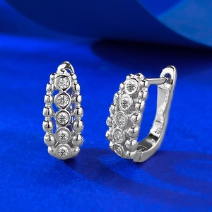 925 Sterling Silver Beaded Huggie Hoop Earrings Rhinestone Inlaid Platinum Plated Retro Geometric Jewelry Earrings For Women