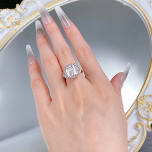 Close-up of S925 silver halo ring with large 10x14mm rectangular prism-cut sparkling stone