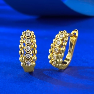 925 Sterling Silver Beaded Huggie Hoop Earrings Gold Plated Rhinestone Inlaid Fashion Jewelry For Women Daily Office Wear