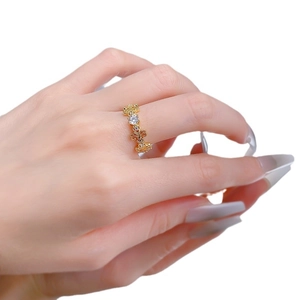 Gold plated S925 silver iris openwork ring with round clear center diamond and carvings