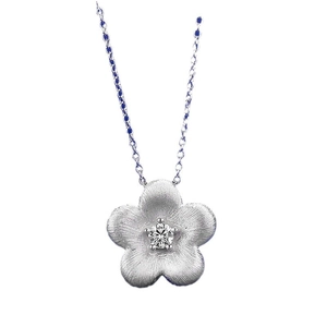 Brushed S925 sterling silver five-petal flower necklace with a sparkling white gemstone