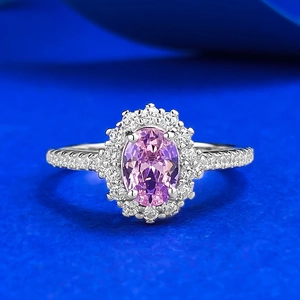 925 Sterling Silver Oval Pink Rhinestone Halo Ring For Women Luxurious Crown Geometric Design Jewelry Gift Accessory