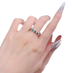 S925 silver eternity ring with princess cut green and white cubic zirconia stones