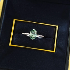 925 silver ring with 6x8mm green tourmaline gemstone and pavé diamonds in velvet box