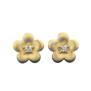 S925 silver gold-plated brushed floral stud earrings with sparkling center zircon