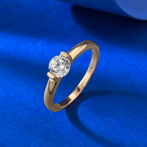 Polished gold S925 silver ring featuring a 5.0mm round cut solitaire sparkling diamond
