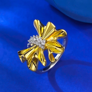S925 silver and gold two-tone pleated ribbon bow ring with pavé-set zircon crystals
