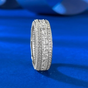 Luxurious wide S925 silver eternity band with multi-row square and round diamonds