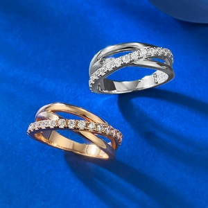 Luxurious S925 sterling silver triple layer interlocking rings with zircon pavé setting