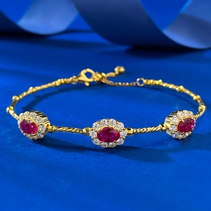 Bracelet de Luxe en Argent Sterling 925 pour Femme Vintage Ovale Pierre Rouge Strass Incrusté Bracelet Chaîne Torsadée Bijoux Élégants