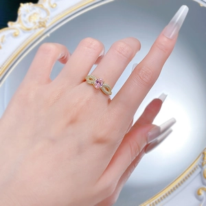 S925 silver oval pink sapphire ring with infinity diamond band on hand