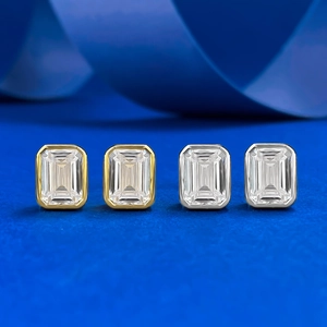 S925 sterling silver emerald cut stud earrings set in gold and silver bezel settings