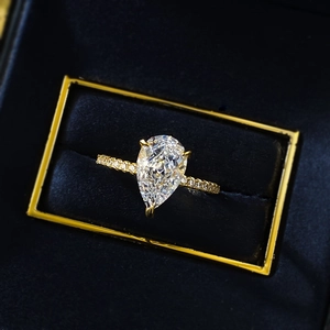 Luxury S925 silver pear cut ring with sparkling cubic zirconia in a black velvet box
