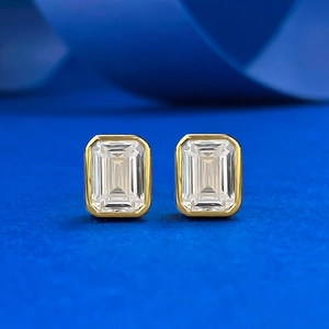 Emerald Cut Rectangular Stud Earrings With 925 Sterling Silver Post Rhinestone Bezel Setting Fashion Jewelry For Women