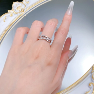 Detail view of a luxury S925 silver double-layer ring with sparkling zircon inlays
