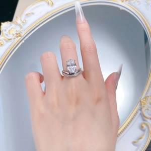 Detailansicht eines Rings mit ovalem Edelstein und doppellagigem Pavé-Band aus Silber