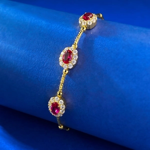 Luxueux bracelet en argent S925 doré avec pierres rouges et chaîne torsadée vintage
