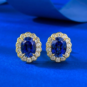 S925 Sterling Silver Royal Blue Oval Stud Earrings For Women Vintage Halo Rhinestone Inlaid Fashion Jewelry Daily Party Gift