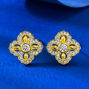 925 Sterling Silver Four Leaf Clover Stud Earrings For Women Hollow Out Flower Rhinestone Earrings Fashion Jewelry Gold Plated