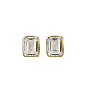 Classic gold S925 silver stud earrings with emerald cut clear gemstones in bezel setting