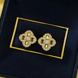 Elegant gold plated S925 silver four-leaf clover stud earrings with pavé diamonds