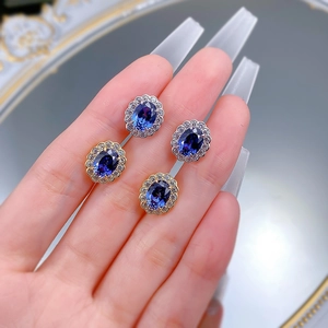 S925 silver oval royal blue sapphire stud earrings with halo diamond set in gold and silver