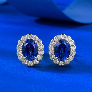 925 Sterling Silver Royal Blue Oval Stud Earrings For Women Elegant Halo Rhinestone Inlaid Geometric Fashion Jewelry Gift