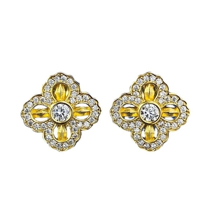 Golden S925 silver four-leaf clover stud earrings with sparkling pavé micro-set zircons