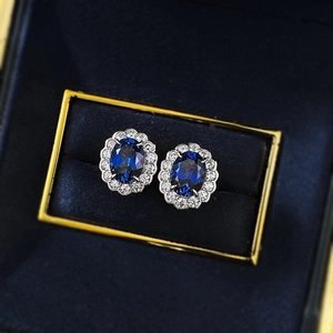 S925 silver stud earrings with 6x8mm oval royal blue gemstone and zircon halo in blue velvet box
