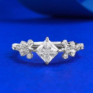 925 Sterling Silver Princess Cut Rhinestone Ring For Women Elegant Flower Side Inlaid Engagement Fashion Finger Jewelry
