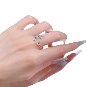 925 silver adjustable open ring with a pink pear-cut gemstone and crown micro-pave design