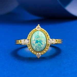 Vintage 925 Sterling Silver Gold Plated Ring Oval Artificial Opal Light Luxury Palace Style Rhinestone Inlaid Jewelry For Women