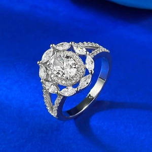 S925 sterling silver oval cluster ring with sparkling crystals at 45-degree angle view