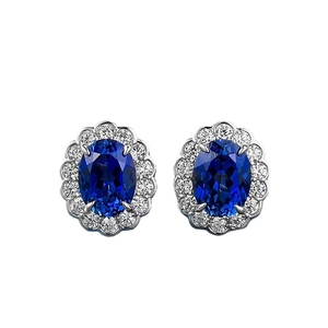 Elegant S925 silver halo stud earrings with 6x8mm oval royal blue sapphire gemstones