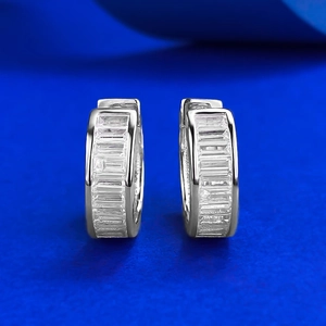 S925 sterling silver huggie hoop earrings with rectangular baguette-cut cubic zirconia