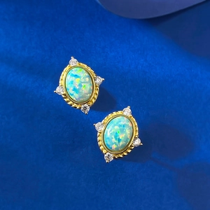 Vintage gold-plated S925 silver opal studs with twisted rope borders and zircons