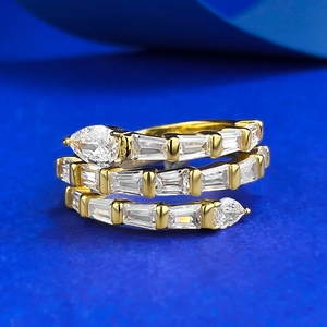 Bague en Argent Sterling S925 Plaqué Or Forme de Serpent Triple Couche avec Strass pour Femme Mode Luxe Bijoux Géométriques