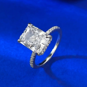 Luxurious S925 silver ring with 8x10mm radiant cut carbon diamond on blue background