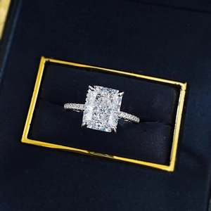 Radiant cut 8x10mm carbon diamond ring in S925 sterling silver with pavé setting