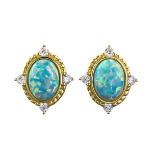 Vintage gold-plated S925 silver stud earrings with blue opal stones and white zircon