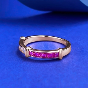 S925 sterling silver rose gold ring featuring five square pink stones and small diamonds