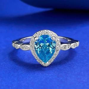 Luxury 925 Sterling Silver Ring For Women Pear Cut Sea Blue Rhinestone Halo Water Drop Fashion Commuting Jewelry Finger Ring