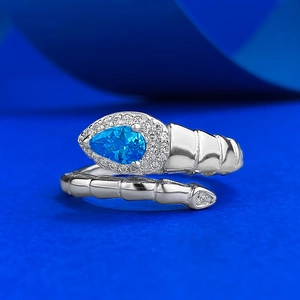 Bague Serpent en Argent Sterling 925 Vintage Avec Strass Goutte d'Eau Bleu Marin Bague de Doigt de Mode de Luxe pour Femme