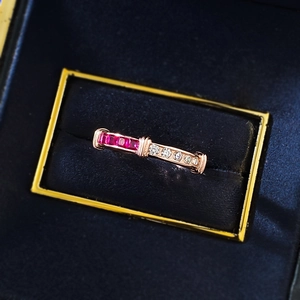 Elegance S925 silver ring with red square gemstones and white round zircons on velvet box