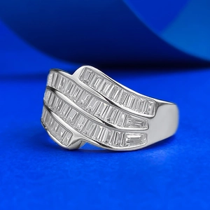 Luxurious S925 silver wavy ring with triple-row baguette-cut zircon in a sleek design
