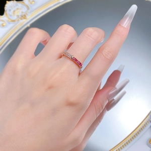 Close-up of S925 silver eternity ring with pink rectangle stones and white zircon stones