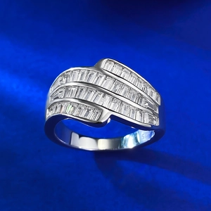 Detailed close-up of S925 silver multi-row baguette cut zircon ring with layered design