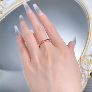 Close-up of S925 silver ring with pink rectangular gems and white zircon inlay