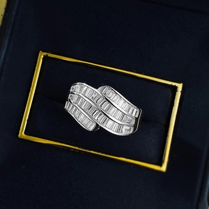 Luxurious S925 sterling silver triple wave ring with baguette-cut cubic zirconia stones