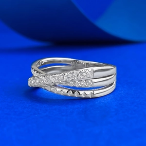 Elegant multi-layer crisscross S925 sterling silver ring with sparkling zircon pavé setting